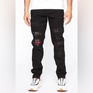 38 men fn straight slim black plaid distressed jeans pants